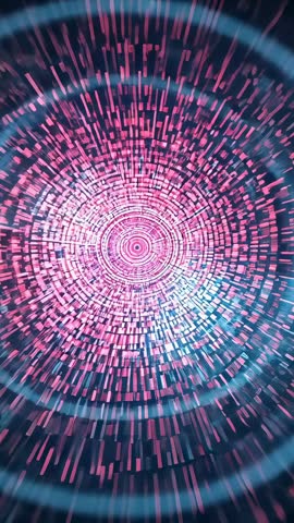 Vertical HUD Tunnel Animation Sending Pink Blocks Radiating Through Teal Concentric Rings