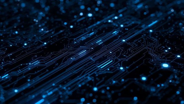 Glowing circuit board design with blue nodes on black background