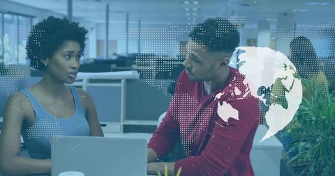 Global collaboration concept in modern office with digital overlay