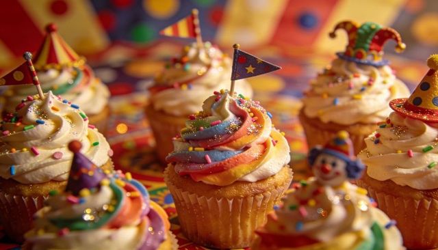 Rainbow swirl cupcake celebrating birthday with festive flag topper and colorful sprinkles