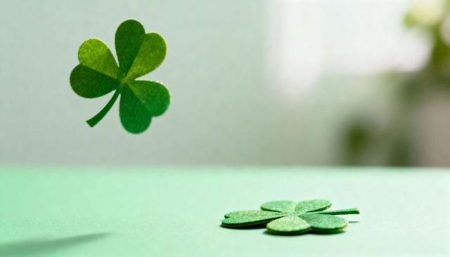 Floating four-leaf clover cutouts casting soft shadow on mint surface for st patrick's day
