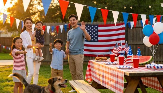 Family celebrating fourth of july backyard barbecue holding sparklers at golden hour