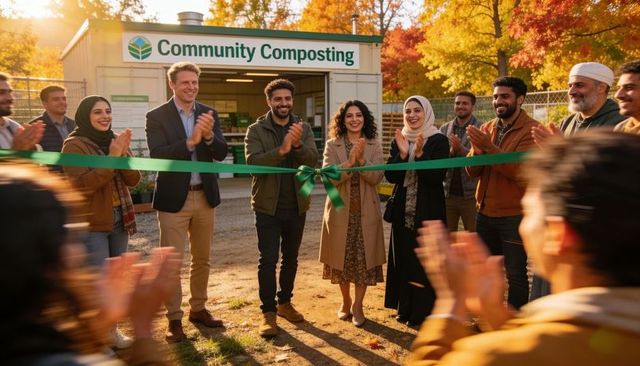 Community composting ribbon-cutting with diverse volunteers celebrating autumn kickoff