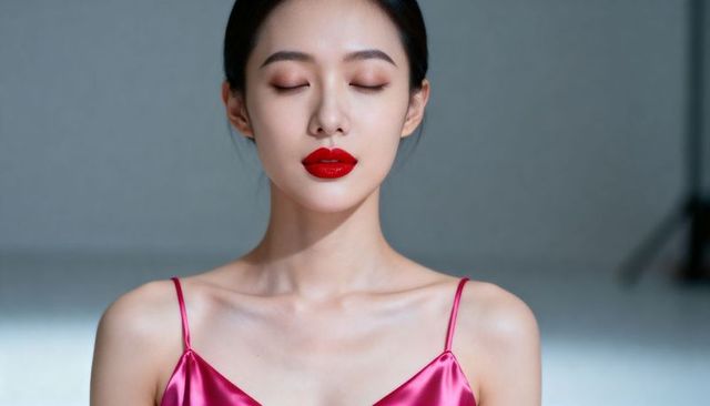 Serene asian woman with bold red lipstick in pink satin dress closeup beauty portrait