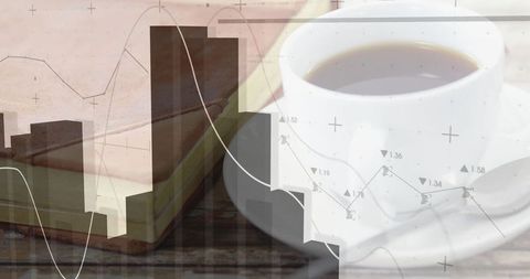 Stylish Corporate Workspace with Coffee and Data Analytics Overlay