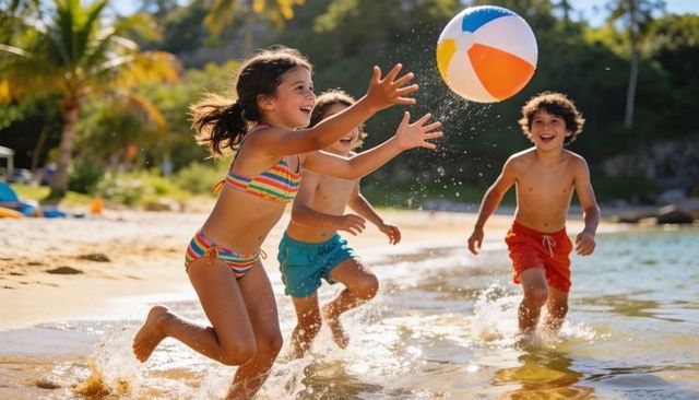 Kids playing beach ball on tropical shore, splashing through shallow sunlit water