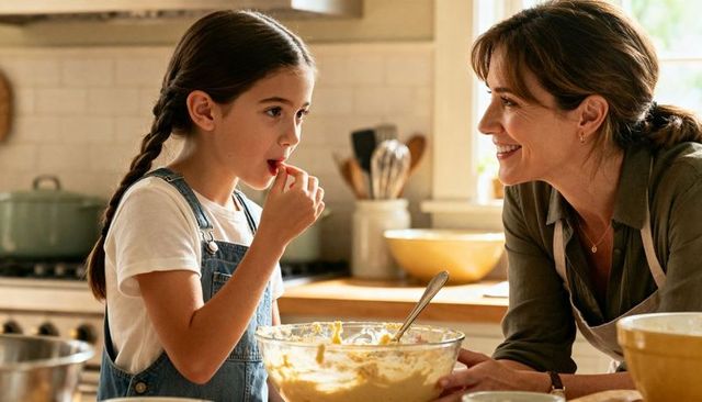 Mother and daughter tasting cookie dough while baking together in sunlit cozy farmhouse kitchen