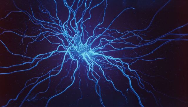 Bioluminescent neuron structure with radiant blue filaments