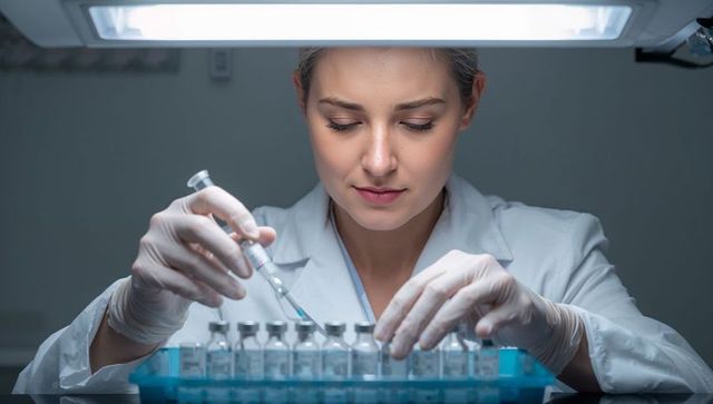 Lab technician withdrawing vaccine samples with syringe under bright lab lamp, vial rack