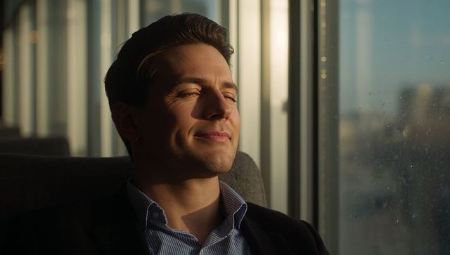 Young professional basking in sunlight beside window in urban lounge