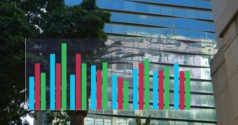 Translucent Bar Chart Overlaying Modern Glass Facade with Urban Palm and Concrete