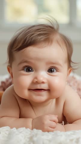 Vertical video: baby responding to sound, lifting head on cream blanket by window