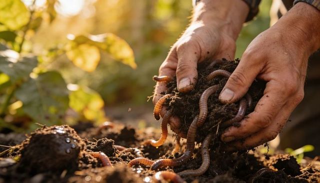 Hands holding rich compost with wriggling earthworms in sunlit garden soil