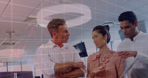 Business Team Collaborating on Data Analysis with Graph Overlay