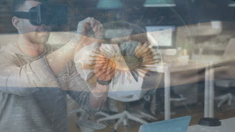 Caucasian Man Using Virtual Reality with Argentina Flag Overlay