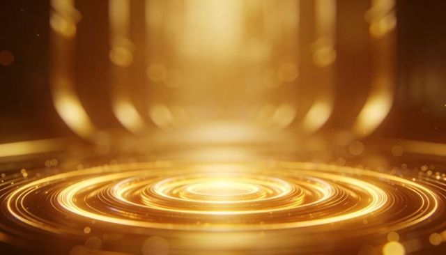 Glowing golden concentric rings on reflective platform for futuristic tech visuals