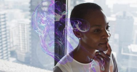 Businesswoman in Thought with Futuristic Technology Overlay