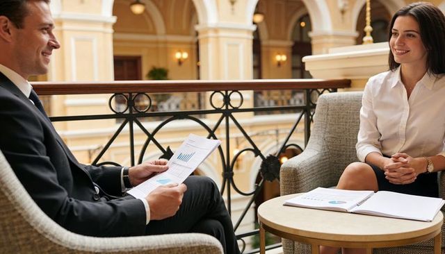 Executive meeting at hotel atrium discussing reports and charts for business collaboration