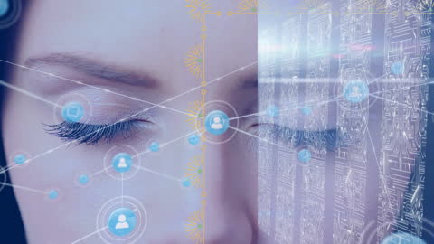 Woman Integrating with Digital Network and Data Visualization