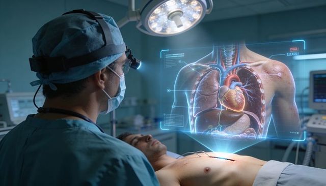 Surgeon performing cardiac surgery using holographic thorax display in operating room