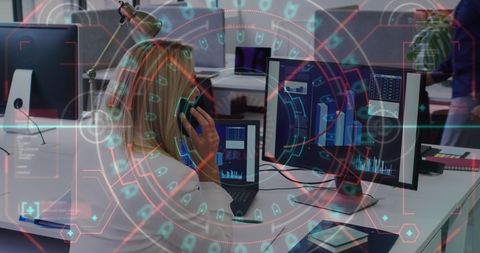 Data Visualizations Superimposed Over Businesswoman in Modern Office - Download Free Stock Images Pikwizard.com