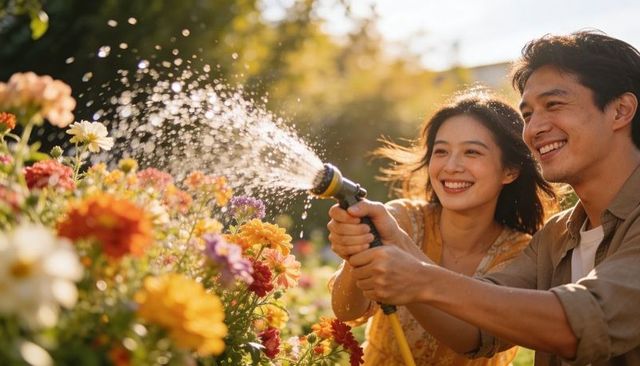 Smiling couple watering vibrant flower garden with hose during golden hour, spraying colorful blooms