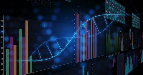 Futuristic dna analytics interface with charts and splashes of light