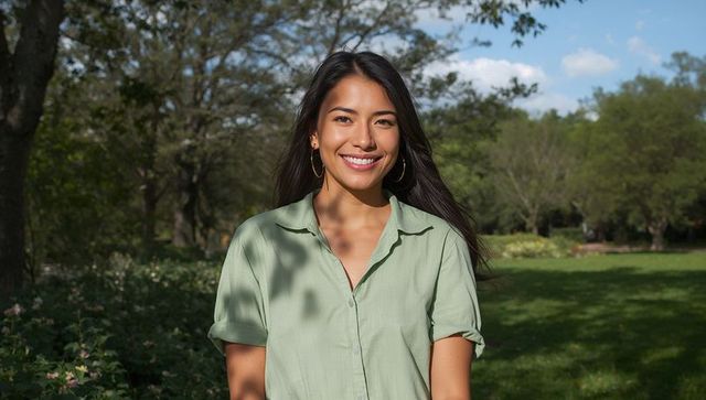 Smiling Young Woman in Green Shirt Enjoying Nature