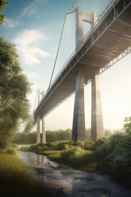 Bridge crossing river over trees and blue sky, created using generative ai technology - Download Free Stock Photos Pikwizard.com
