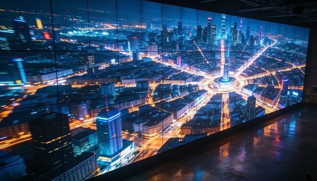Large led wall showing futuristic night aerial roundabout with neon city reflections