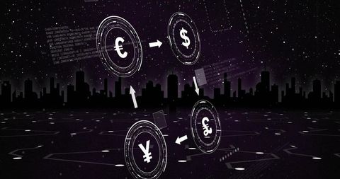 Currency huds exchanging on neon virtual grid above city skyline for global finance