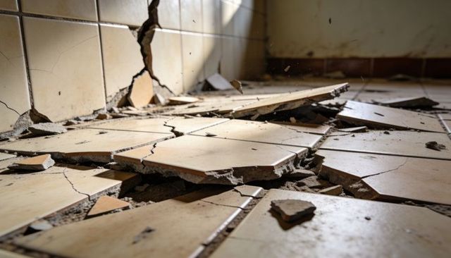 Broken ceramic floor tiles exposing mortar rubble and deep cracks in derelict room corner