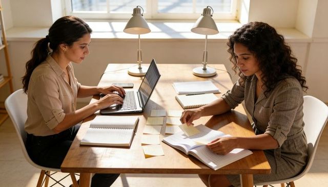Two Women Collaborating at Wooden Desk Sorting Sticky Notes and Working on Laptop for Teamwork
