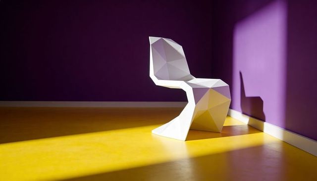 Studio white faceted geometric chair catching sunlight casting sharp shadow on purple wall