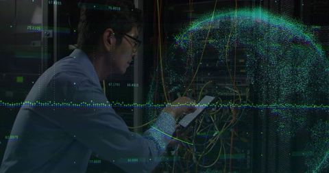 It technician inspecting server rack with tablet and network telemetry visual overlay