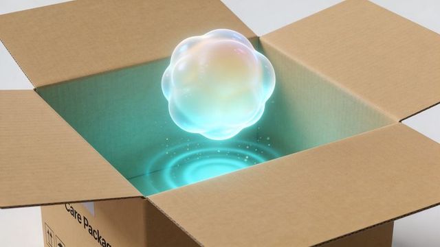 Iridescent Holographic Orb Floating Above Cardboard Care Package Box Casting Cyan Ripples