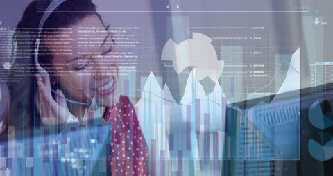 Smiling Woman on Headset with Data Overlay Visualization