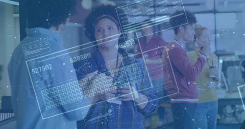 Woman using tablet in tech office with holographic interface