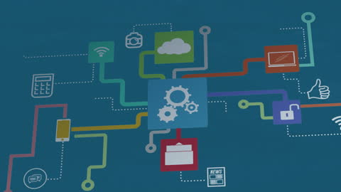 Abstract Technology Network with Iconography on Blue Background