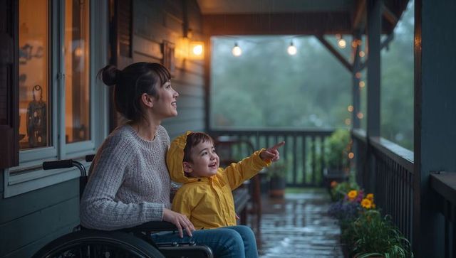 Wheelchair caregiver enjoying rainy evening with child pointing on porch and string lights