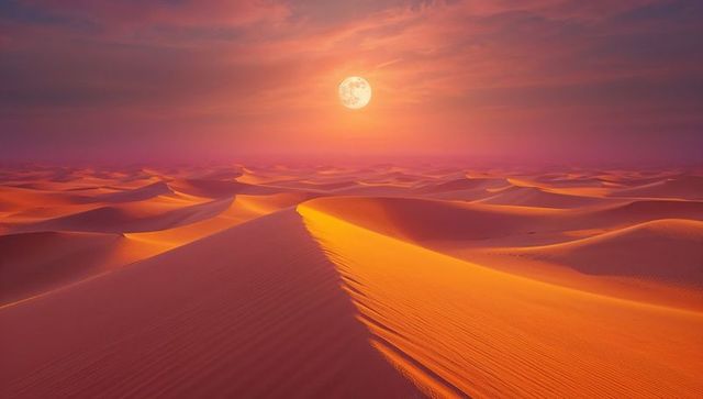 Mesmerizing Orange Sky Over Desert Dunes with Full Moon