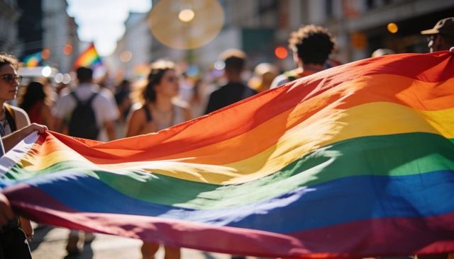 Holding giant rainbow flag across busy city street during pride march with sunlight flare