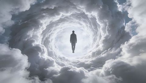 Silhouette man ascending into swirling cloud vortex, dramatic spiritual surreal concept