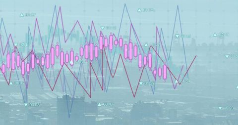 Market volatility candlestick chart overlaying urban skyline illustrating trend reversal