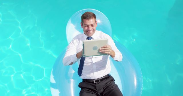 Businessman Relaxing on Pool Float Working on Tablet - Download Free Stock Images Pikwizard.com