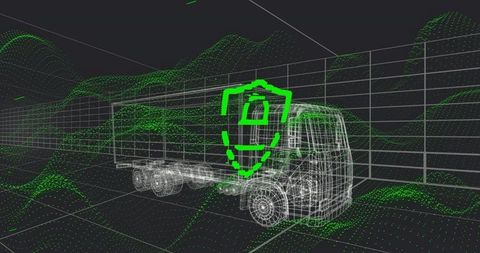 3D Wireframe Tractor-Trailer with Neon Shield Padlock Representing Automotive Cybersecurity