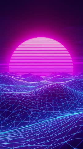 Glitching Magenta Sun Rising over Neon Blue Wireframe Landscape — Vertical Synthwave Loop