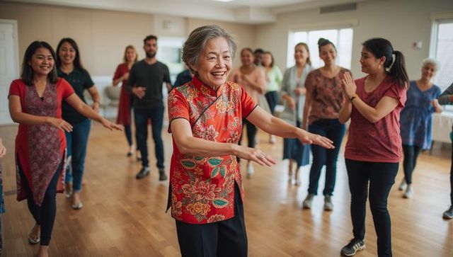 Energetic dance class with smiling instructor in red floral blouse