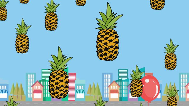 A vibrant cartoon-style vector illustration showcasing a cityscape with floating pineapples and a red balloon against a blue backdrop. Perfect for party invitations, children's celebrations, or creative flyer designs. The playful and modern theme adds fun and liveliness to any set of visual content.