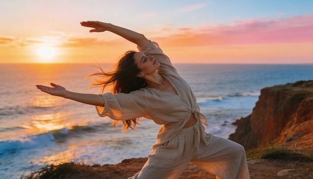 Woman stretching on coastal cliff at sunset in linen outfit reaching toward horizon
